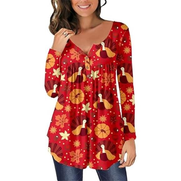 Women’s Button Front Henley V-neck Loose Fit Halloween Tunic - Picture 4 of 4